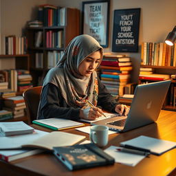 A Muslim female student, wearing a colorful hijab, is intently revising her proposal in a cozy study room filled with books and academic resources