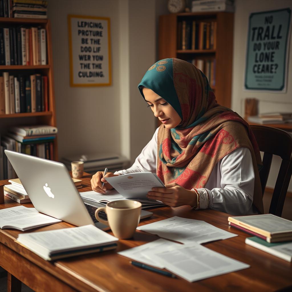 A Muslim female student, wearing a colorful hijab, is intently revising her proposal in a cozy study room filled with books and academic resources