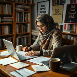 A Muslim female student, wearing a colorful hijab, is intently revising her proposal in a cozy study room filled with books and academic resources