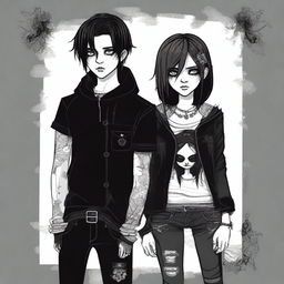 This is a high-quality digital art image featuring a goth girl and an emo boy together