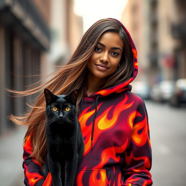 A brown-skinned woman with long flowing hair, wearing a vibrant fire-themed hoodie that bursts with red, orange, and yellow flames