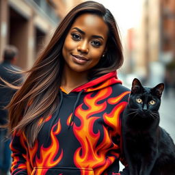 A brown-skinned woman with long flowing hair, wearing a vibrant fire-themed hoodie that bursts with red, orange, and yellow flames