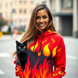 A brown-skinned woman with long flowing hair, wearing a vibrant fire-themed hoodie that bursts with red, orange, and yellow flames
