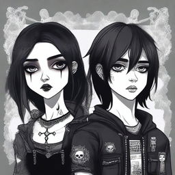 This is a high-quality digital art image featuring a goth girl and an emo boy together