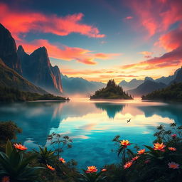 A surreal landscape with towering, vividly colored mountains under a twilight sky