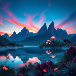 A surreal landscape with towering, vividly colored mountains under a twilight sky