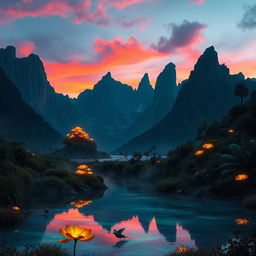 A surreal landscape with towering, vividly colored mountains under a twilight sky