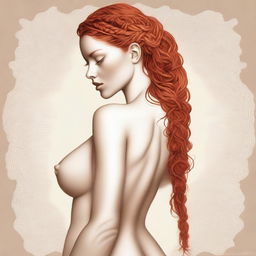 A tasteful, high-quality digital art rendering of a nude female figure with fiery ginger hair styled in French braids