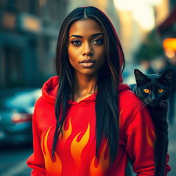 A brown-skinned woman with long hair, wearing a vibrant red hoodie adorned with flames, stands confidently