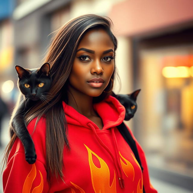 A brown-skinned woman with long hair, wearing a vibrant red hoodie adorned with flames, stands confidently