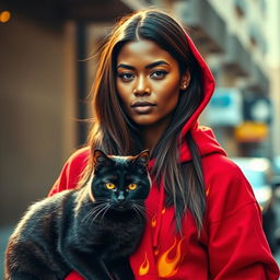 A brown-skinned woman with long hair, wearing a vibrant red hoodie adorned with flames, stands confidently