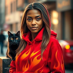 A brown-skinned woman with long hair, wearing a vibrant red hoodie adorned with flames, stands confidently
