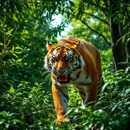 A fierce and hungry tiger in a dense jungle, its striking orange and black striped fur contrasting with the vibrant green foliage