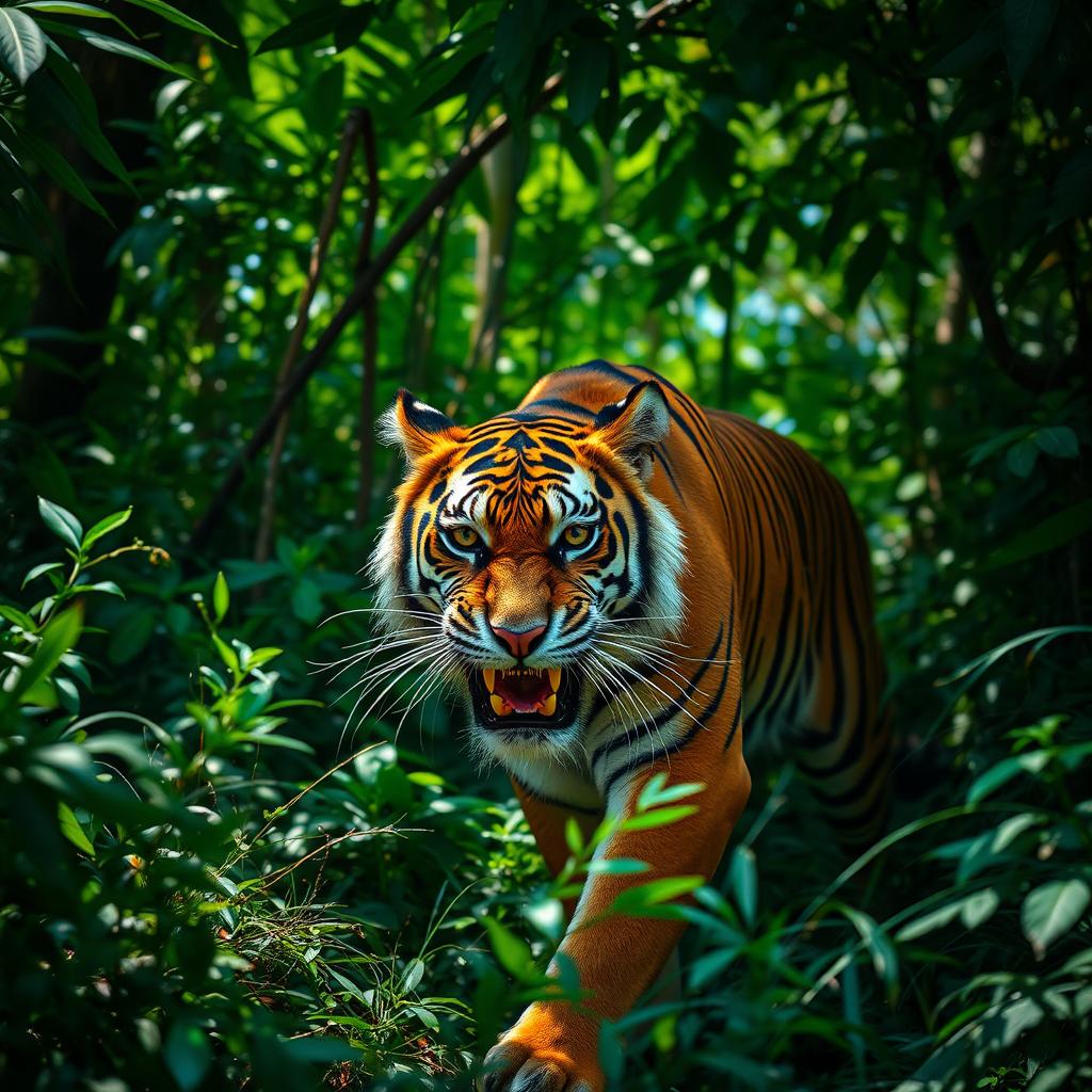 A fierce and hungry tiger in a dense jungle, its striking orange and black striped fur contrasting with the vibrant green foliage