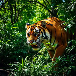 A fierce and hungry tiger in a dense jungle, its striking orange and black striped fur contrasting with the vibrant green foliage