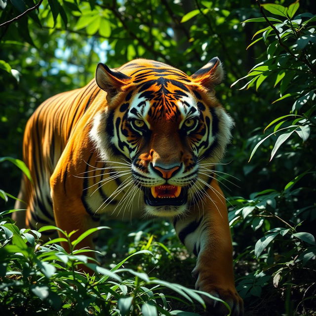 A fierce and hungry tiger in a dense jungle, its striking orange and black striped fur contrasting with the vibrant green foliage