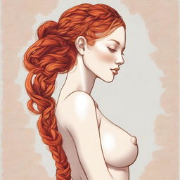 A tasteful, high-quality digital art rendering of a nude female figure with fiery ginger hair styled in French braids