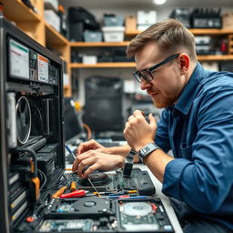 A close-up view of a skilled technician performing computer repairs on a modern desktop computer