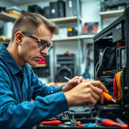 A close-up view of a skilled technician performing computer repairs on a modern desktop computer