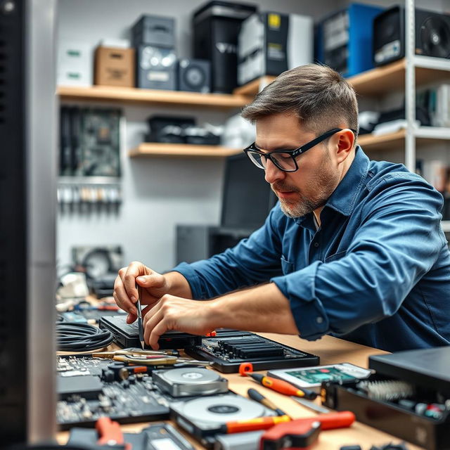 A close-up view of a skilled technician performing computer repairs on a modern desktop computer