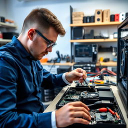 A close-up view of a skilled technician performing computer repairs on a modern desktop computer