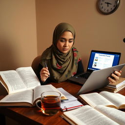 A Muslim female student wearing a colorful hijab is preparing for her seminar proposal exam in a quiet study space