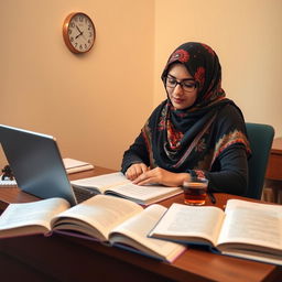 A Muslim female student wearing a colorful hijab is preparing for her seminar proposal exam in a quiet study space