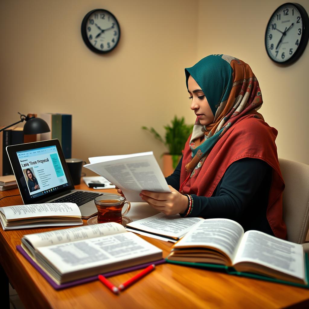 A Muslim female student wearing a colorful hijab is preparing for her seminar proposal exam in a quiet study space