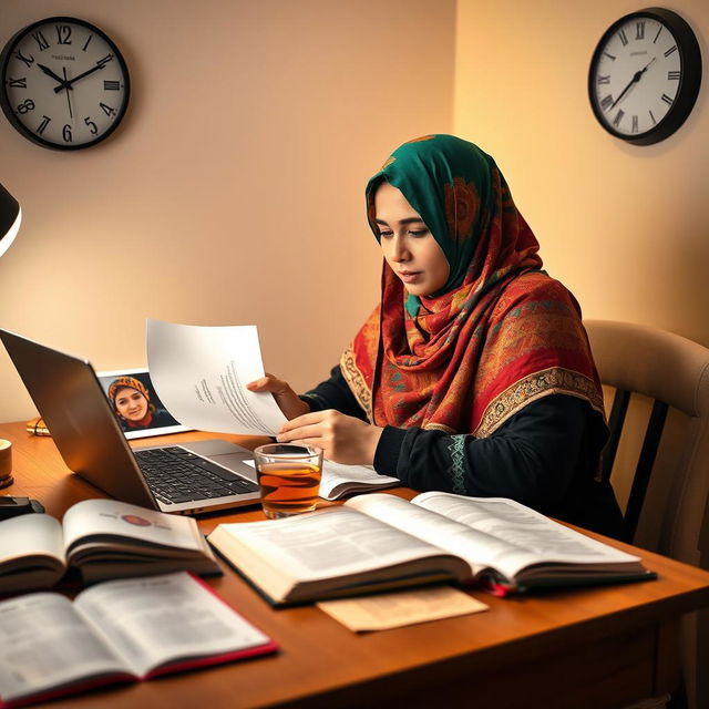 A Muslim female student wearing a colorful hijab is preparing for her seminar proposal exam in a quiet study space
