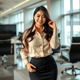 A confident and alluring Asian office lady, exuding professionalism and sexiness