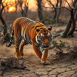 A hungry tiger prowling through a dry forest, its vibrant orange and black stripes contrasting sharply against the dusty brown landscape