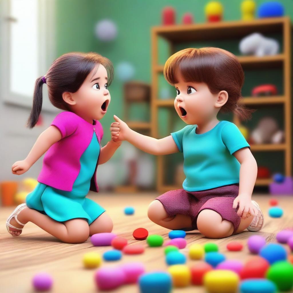 This is a 4K ultra-high-definition realistic digital art image of a little girl and boy arguing