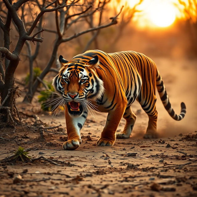 A hungry tiger prowling through a dry forest, its vibrant orange and black stripes contrasting sharply against the dusty brown landscape
