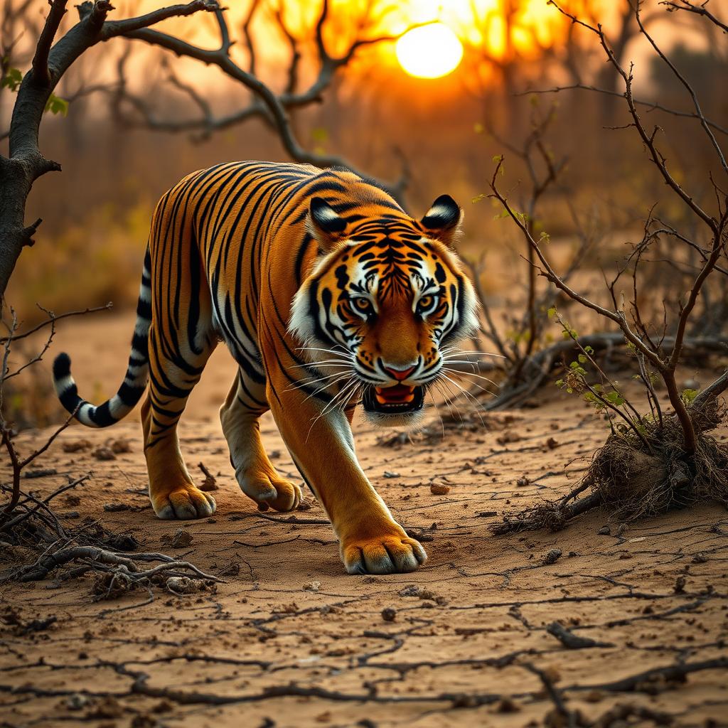 A hungry tiger prowling through a dry forest, its vibrant orange and black stripes contrasting sharply against the dusty brown landscape