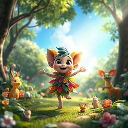 An animated character with vibrant colors and fluid motion, depicting a cheerful scene in a lush forest