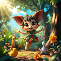 An animated character with vibrant colors and fluid motion, depicting a cheerful scene in a lush forest
