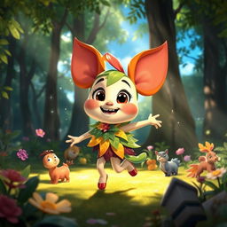 An animated character with vibrant colors and fluid motion, depicting a cheerful scene in a lush forest