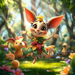 An animated character with vibrant colors and fluid motion, depicting a cheerful scene in a lush forest