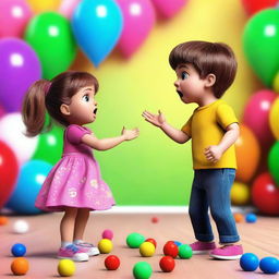 This is a 4K ultra-high-definition realistic digital art image of a little girl and boy arguing