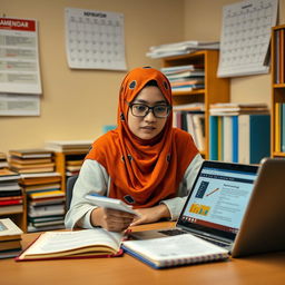 A Muslim female student in her sixth semester, wearing a vibrant hijab, is diligently preparing for her seminar proposal exam