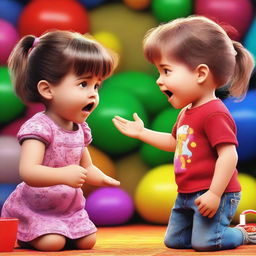 This is a 4K ultra-high-definition realistic digital art image of a little girl and boy arguing