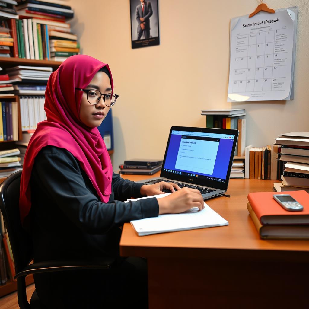 A Muslim female student in her sixth semester, wearing a vibrant hijab, is diligently preparing for her seminar proposal exam