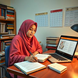 A Muslim female student in her sixth semester, wearing a vibrant hijab, is diligently preparing for her seminar proposal exam