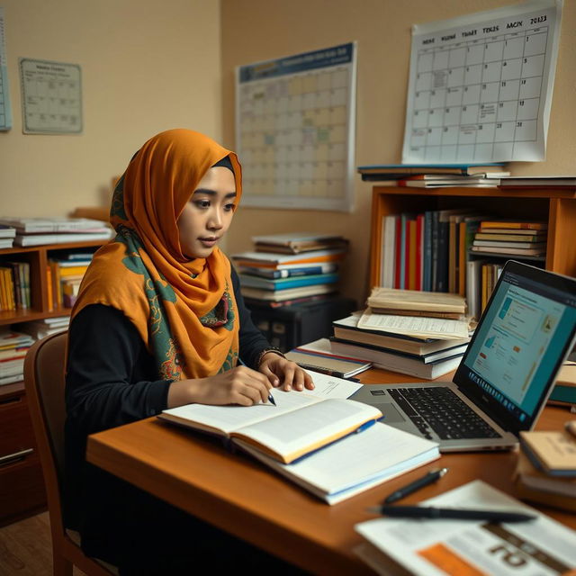 A Muslim female student in her sixth semester, wearing a vibrant hijab, is diligently preparing for her seminar proposal exam