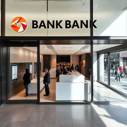 An inviting and modern bank branch located in a bustling urban setting, designed with a contemporary facade featuring glass and steel elements