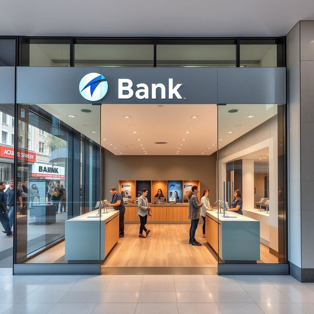 An inviting and modern bank branch located in a bustling urban setting, designed with a contemporary facade featuring glass and steel elements