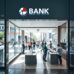 An inviting and modern bank branch located in a bustling urban setting, designed with a contemporary facade featuring glass and steel elements