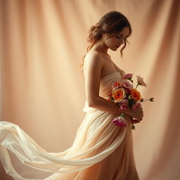 A beautifully lit studio environment featuring a soft focus on a sensual artistic representation of femininity, inspired by classical paintings, with elements of nature intertwined