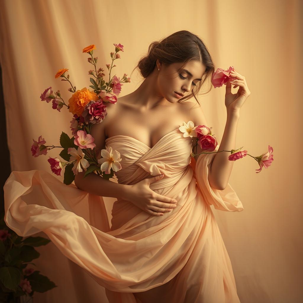 A beautifully lit studio environment featuring a soft focus on a sensual artistic representation of femininity, inspired by classical paintings, with elements of nature intertwined