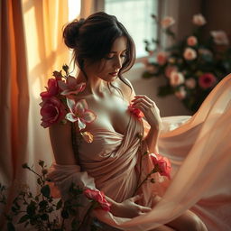 A beautifully lit studio environment featuring a soft focus on a sensual artistic representation of femininity, inspired by classical paintings, with elements of nature intertwined